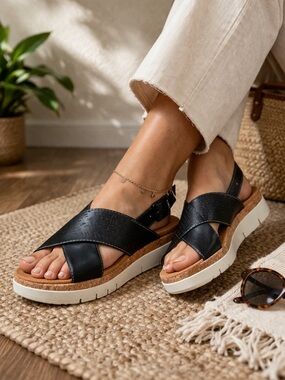 Pikolinos Black Leather Sandals Cork Platform Comfort EU 36